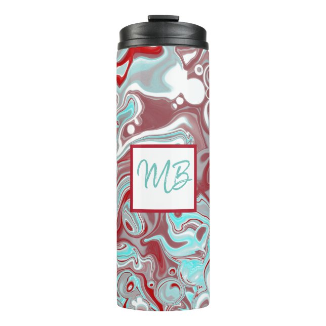 Monogrammed Teal, Burgundy, Red and White Marble  Thermal Tumbler (Front)