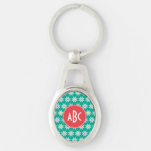 Monogrammed Teal Daisy Dots Key Ring