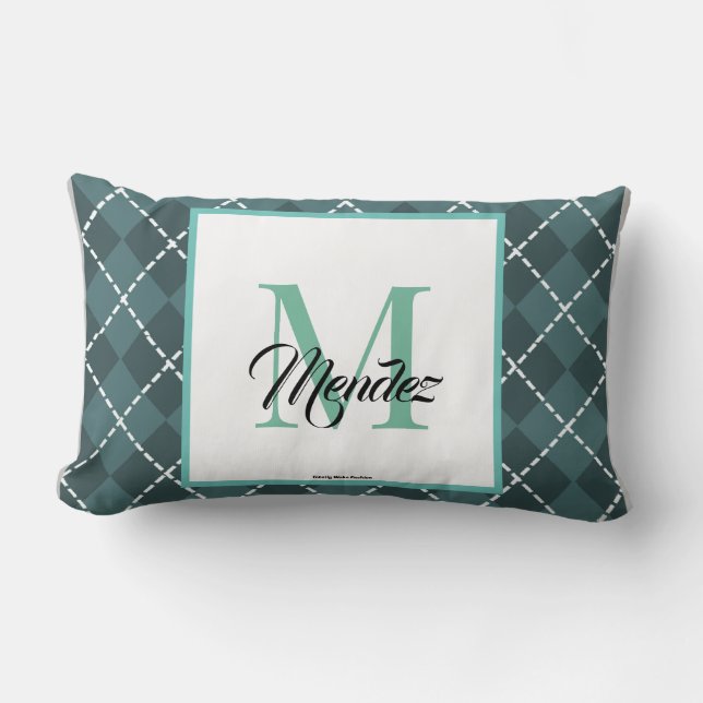 Monogrammed Teal Diamond Plaid Throw Pillow (Front)