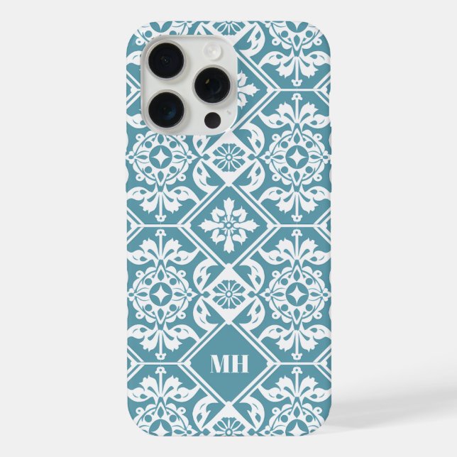 Monogrammed Teal Geometric Pattern with Initials iPhone Case (Back)