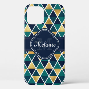 Monogrammed Teal Gold Geometric Triangle Pattern iPhone 12 Case