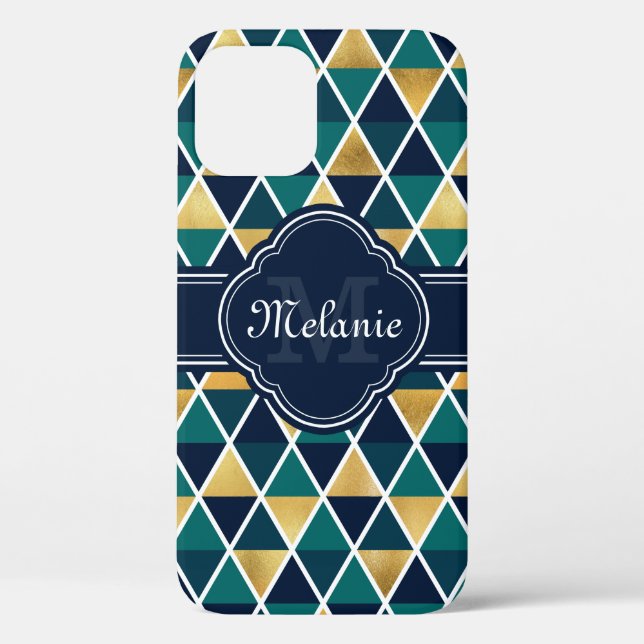 Monogrammed Teal Gold Geometric Triangle Pattern Case-Mate iPhone Case (Back)