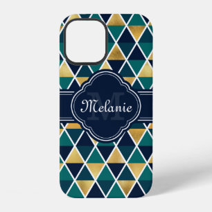 Monogrammed Teal Gold Geometric Triangle Pattern iPhone 12 Case