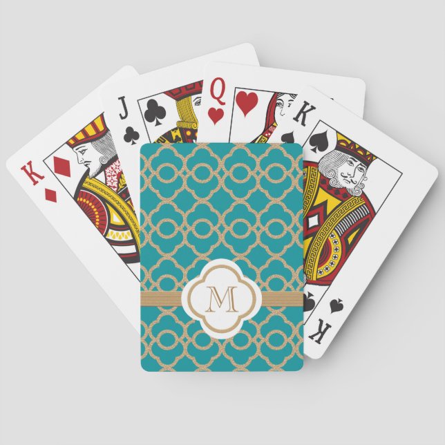 Monogrammed Teal Gold Moroccan Playing Cards (Back)