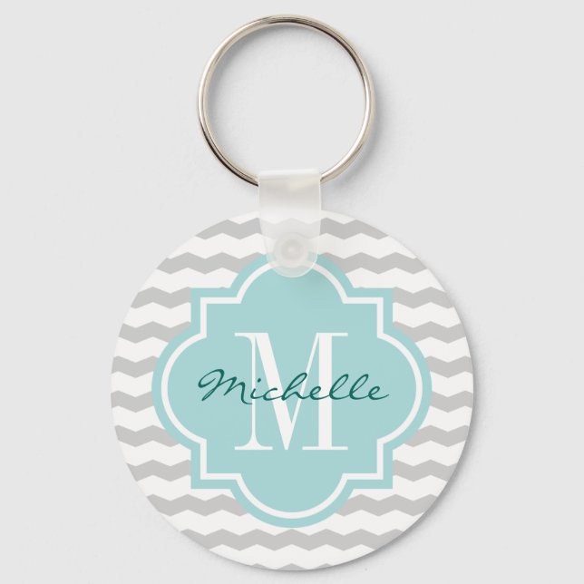 Monogrammed teal grey chevron pattern keychains (Front)