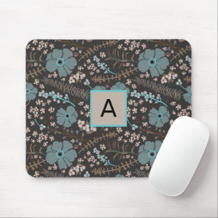Monogrammed Teal Grey Pink Floral Pattern Mouse Pad