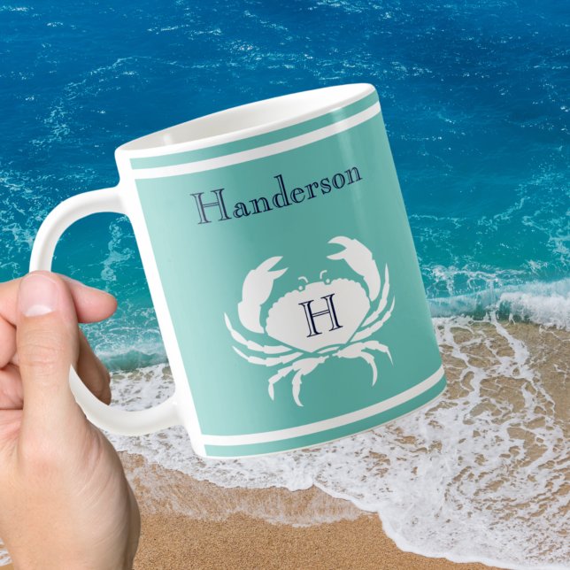Monogrammed Teal Navy Blue White Crab Nautical Cof Coffee Mug (Creator Uploaded)