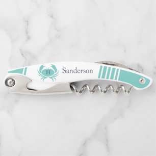 Monogrammed Teal Navy Blue White Crab Nautical Corkscrew