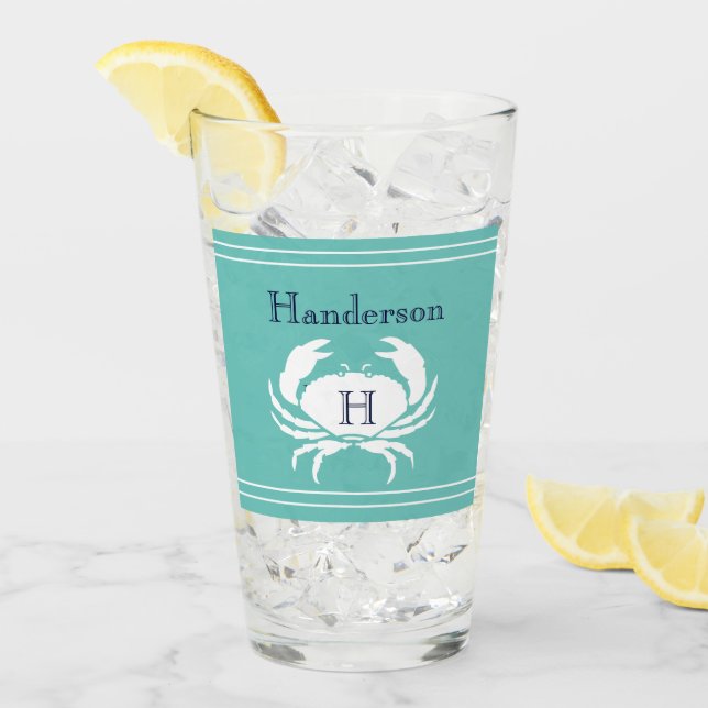 Monogrammed Teal Navy Blue White Crab Nautical Glass (Front Ice)