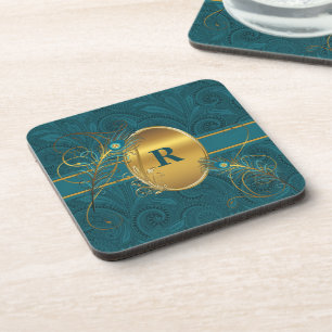 Monogrammed Teal Peacock and Gold Drink Coaster