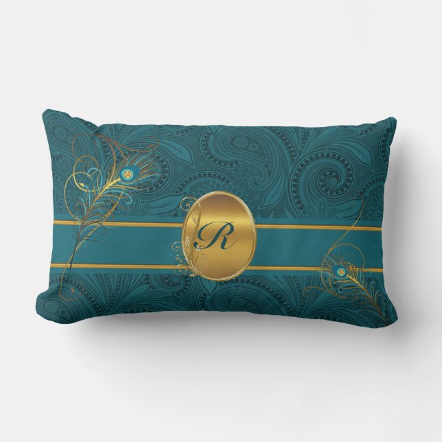 Monogrammed Teal Peacock with Gold 2-Sided Lumbar Cushion (Front)