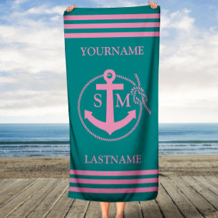 Monogrammed Teal Pink Nautical Anchor Beach Towel