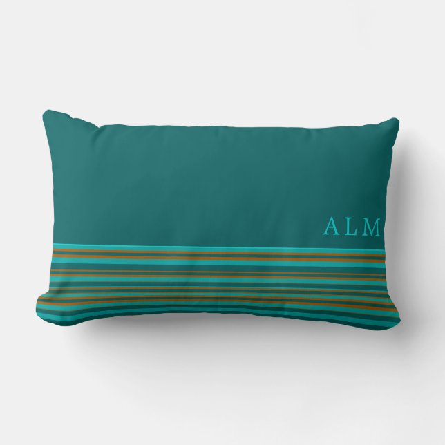 Monogrammed Teal Turquoise & Orange Stripe Lumbar Cushion (Front)