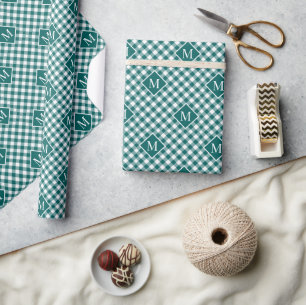 Monogrammed Teal White Buffalo Check Pattern Wrapping Paper