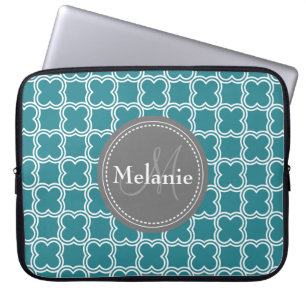 Monogrammed Teal White Quatrefoil Pattern Laptop Sleeve