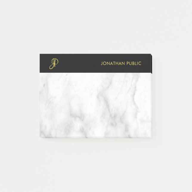 Monogrammed Template White Marble Black Gold Post-it Notes (Front)