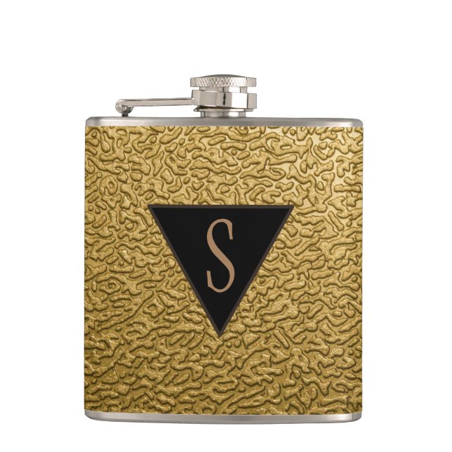 Monogrammed Textured Gold Hip Flask (Front)