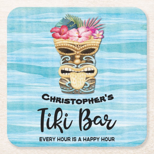 Monogrammed Tiki Bar Party Square Paper Coaster (Front)