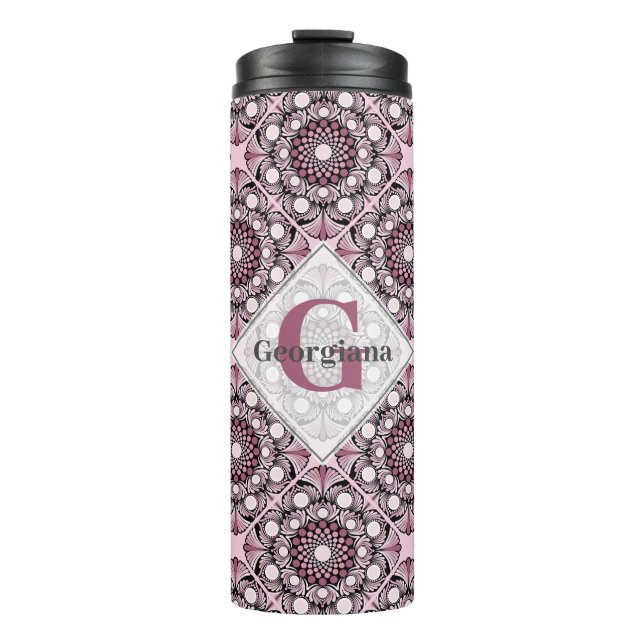 Monogrammed Tile Dusky Rose Cherry Blossom Mandala Thermal Tumbler (Front)
