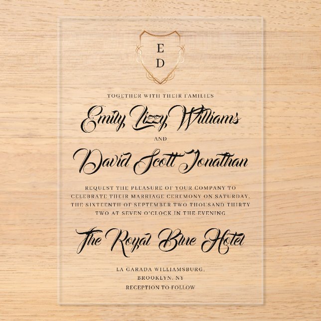 Monogrammed Timeless Acrylic Wedding Invitation (Front)