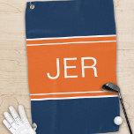 Monogrammed Top Golfer Stylish Modern Blue Orange Golf Towel<br><div class="desc">Classic design features monogrammed initials in white centred on an orange background. The top and bottom thirds of the towel are blue and each is separated from the middle orange section by two white stripes. Customise initials with the easy-to-use template. Be sure to see our integrated collection of coordinating colours...</div>