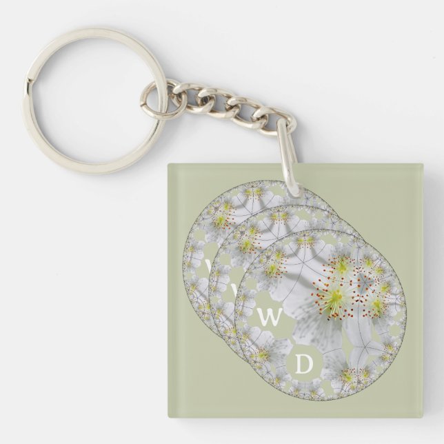 Monogrammed Triple Daisy Disc Flower Light Green Key Ring (Front)