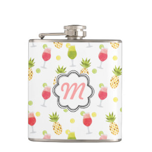 Monogrammed Tropical Cocktail & Fruit Pattern Hip Flask