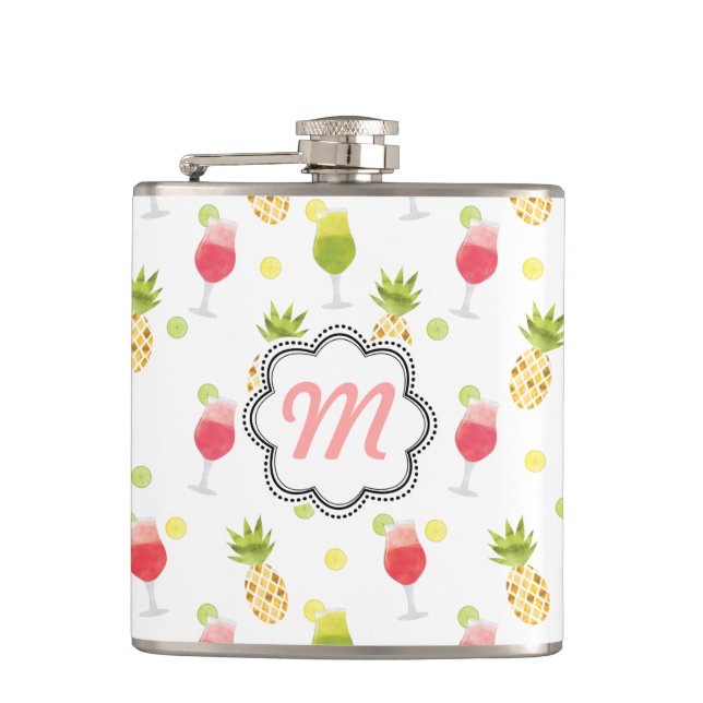 Monogrammed Tropical Cocktail & Fruit Pattern Hip Flask (Front)