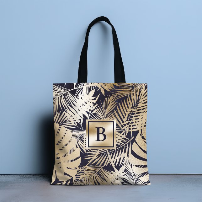 Monogrammed Tropical Floral Gold Navy Tote Bag (Creator Uploaded)