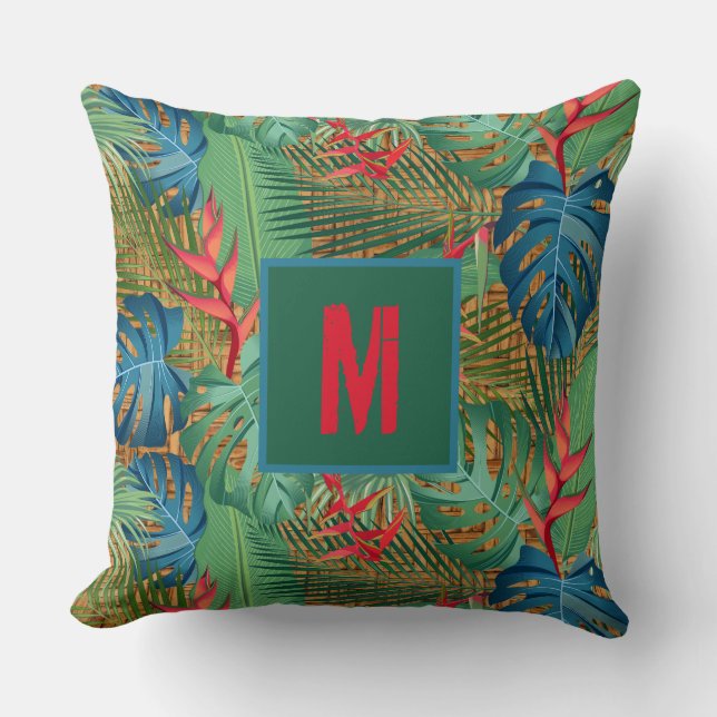 Monogrammed Tropical Floral on Wicker Print Cushion (Front)