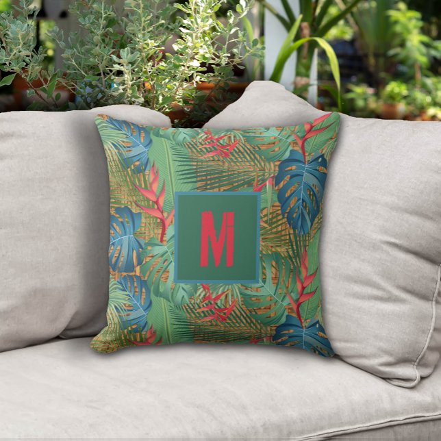 Monogrammed Tropical Floral on Wicker Print Cushion (Monogrammed Tropical Floral on Wicker Print Outdoor Pillow - 2 sizes)