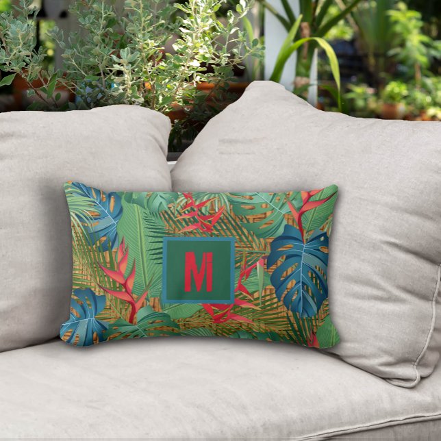 Monogrammed Tropical Floral on Wicker Print Lumbar Cushion (Monogrammed Tropical Floral on Wicker Print Lumbar Pillow - 2 more sizes in our collection)