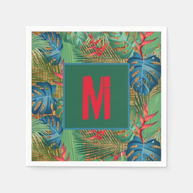 Monogrammed Tropical Floral on Wicker Print Napkin (Front)