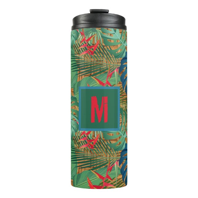 Monogrammed Tropical Floral on Wicker Print Thermal Tumbler (Front)