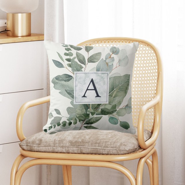 Monogrammed Tropical Green Sage Eucalyptus Leaves Cushion (In situ Boho interior)