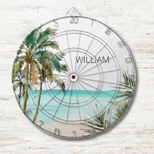 Monogrammed Tropical Palm Tree Leaves Blue Beach Dartboard
