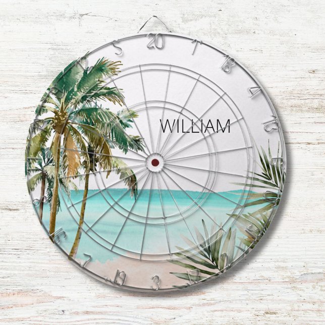 Monogrammed Tropical Palm Tree Leaves Blue Beach Dartboard (In situ)