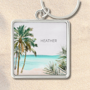 Monogrammed Tropical Palm Tree Leaves Blue Beach Key Ring