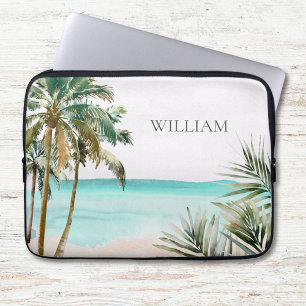 Monogrammed Tropical Palm Tree Leaves Blue Beach Laptop Sleeve