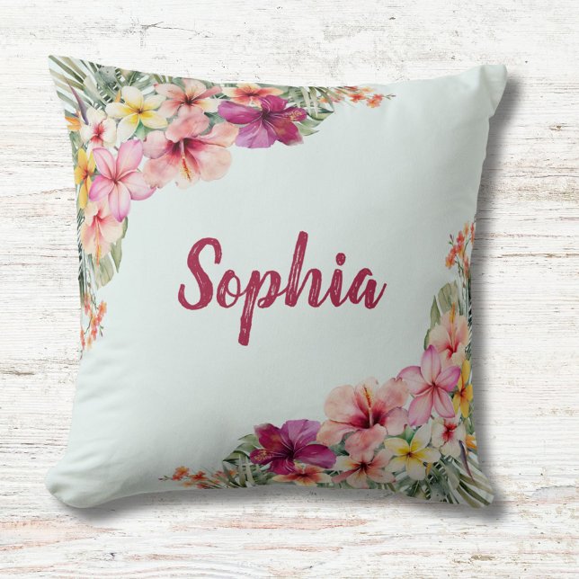 Monogrammed Tropical Pink Flowers Floral Botanical Cushion (Close up)
