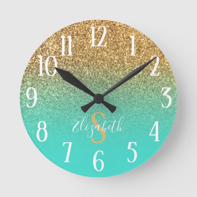 Monogrammed Turquoise and Gold Glitter Ombre Round Clock (Front)