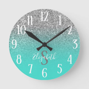 Monogrammed Turquoise and Silver Glitter Ombre Round Clock