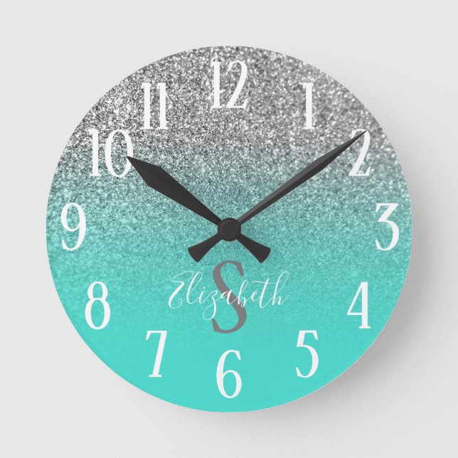Monogrammed Turquoise and Silver Glitter Ombre Round Clock (Front)