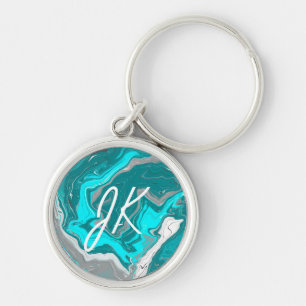 Monogrammed Turquoise and Teal Marble Fluid Art   Key Ring