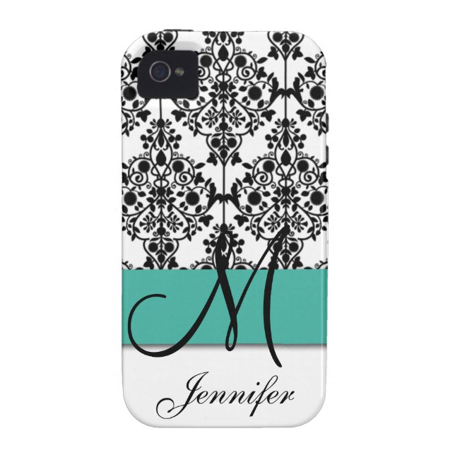Monogrammed Turquoise Black White Floral Damask Case-Mate iPhone Case (Back)