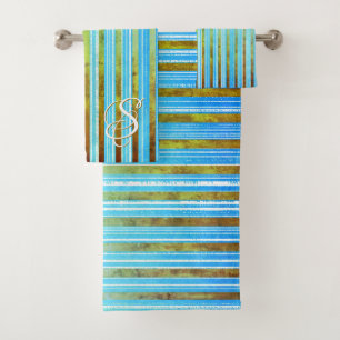 Monogrammed Turquoise, Green, and White Stripes Bath Towel Set