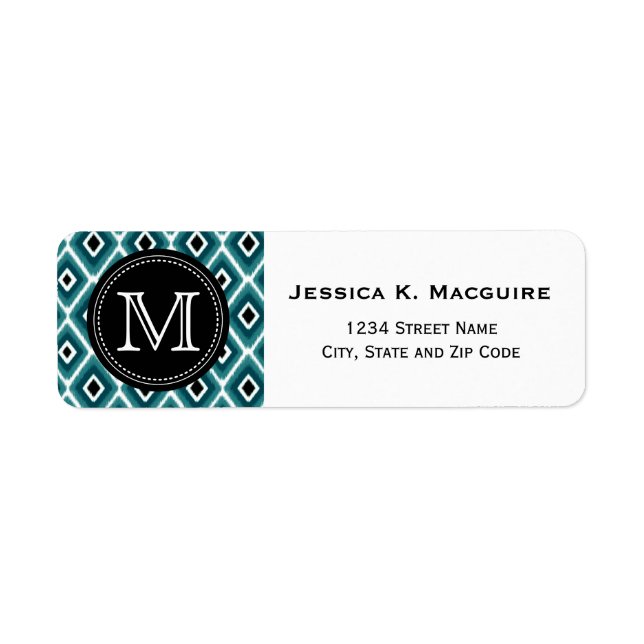 Monogrammed Turquoise Ikat Diamond Pattern Return Address Label (Front)
