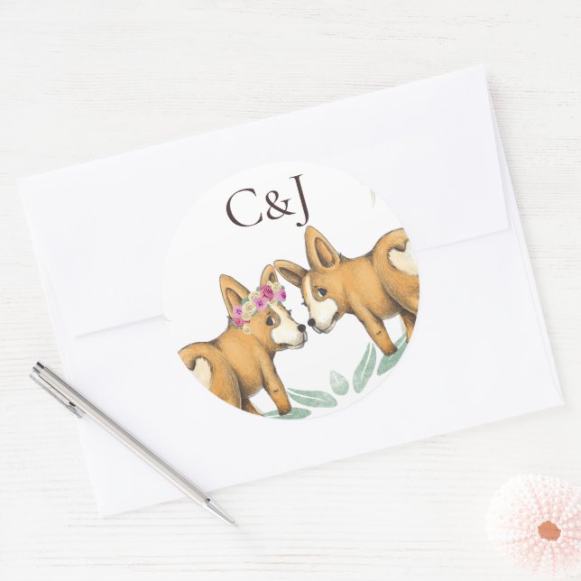 Monogrammed Two Corgi Dogs Wedding Classic Round Sticker (Envelope)
