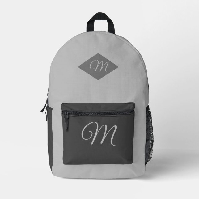 Monogrammed Two-Toned Grey Printed Backpack (Front)