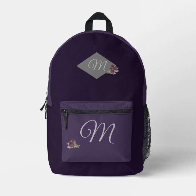 Monogrammed Two-Toned Violet Floral Printed Backpack (Front)